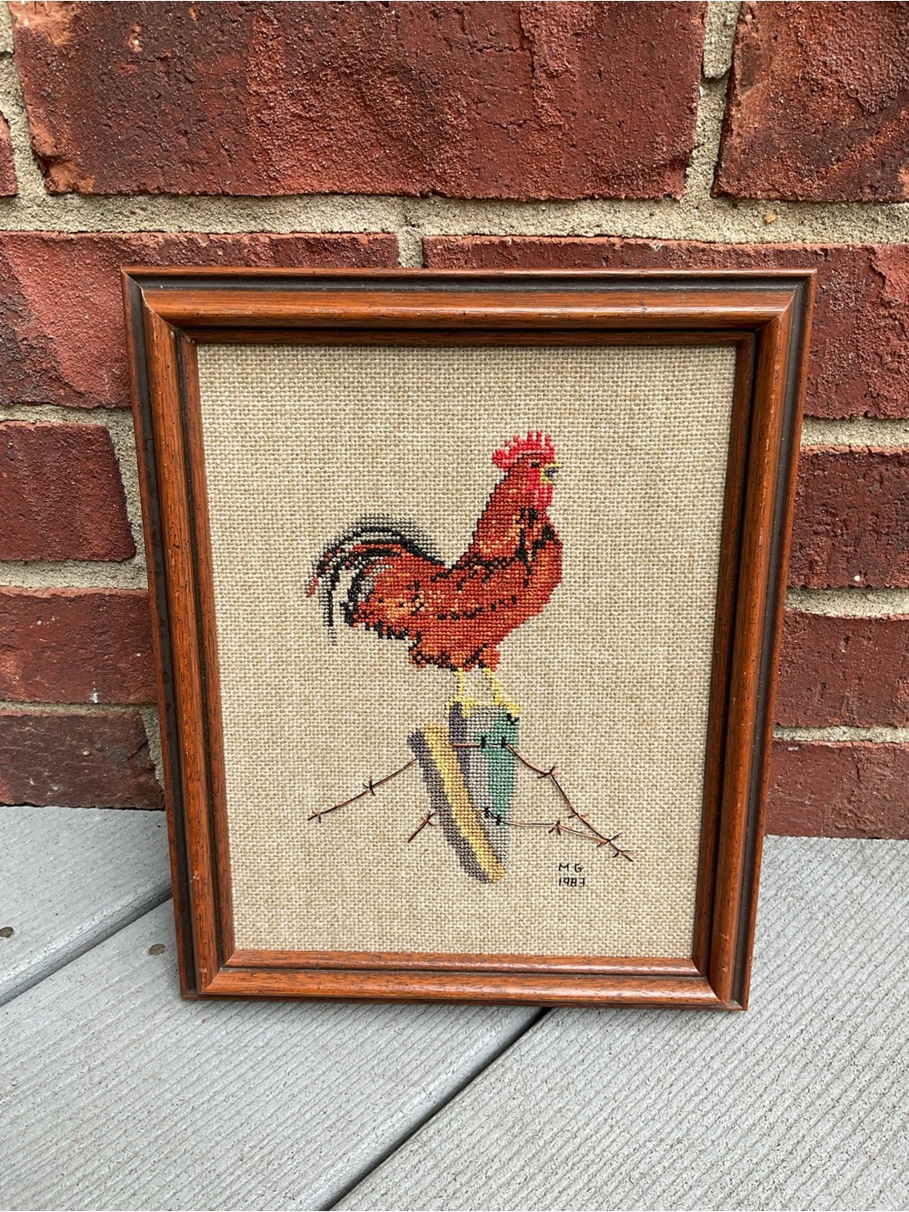 Vintage Needlepoint Rooster in wooden frame 1983 countrycore